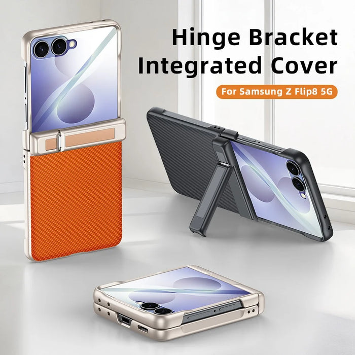 For Samsung Galaxy Z Flip8 5G Case Hinge Kickstand Leather PC Phone Cover with Privacy Screen Protector - Orange - 2