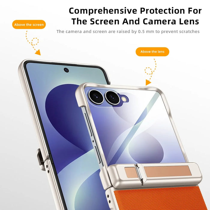 For Samsung Galaxy Z Flip8 5G Case Hinge Kickstand Leather PC Phone Cover with Privacy Screen Protector - Orange - 4