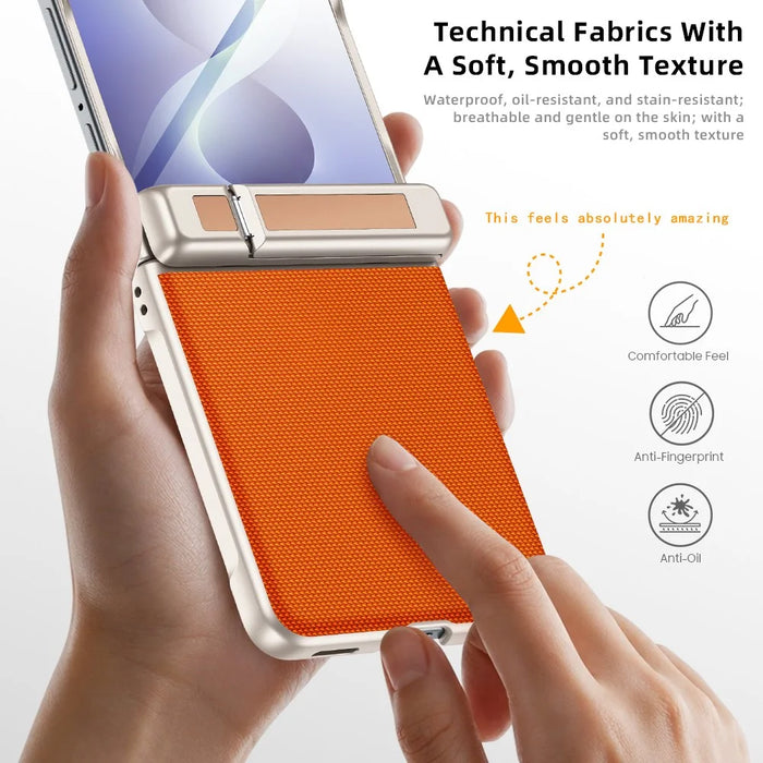 For Samsung Galaxy Z Flip8 5G Case Hinge Kickstand Leather PC Phone Cover with Privacy Screen Protector - Orange - 6
