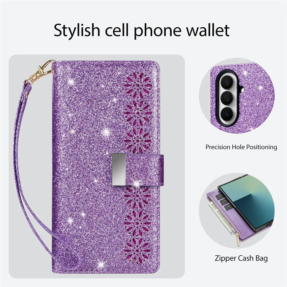 For Samsung Galaxy Z Fold8 Ultra Case Card Holder Starry Sky Carving PU Leather + PC Phone Cover - Purple - 7