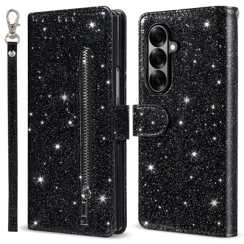 For Samsung Galaxy Z Fold8 Ultra PU + PC Stand Case Glitter Phone Leather Cover Zipper Pocket with Strap - Black - 1