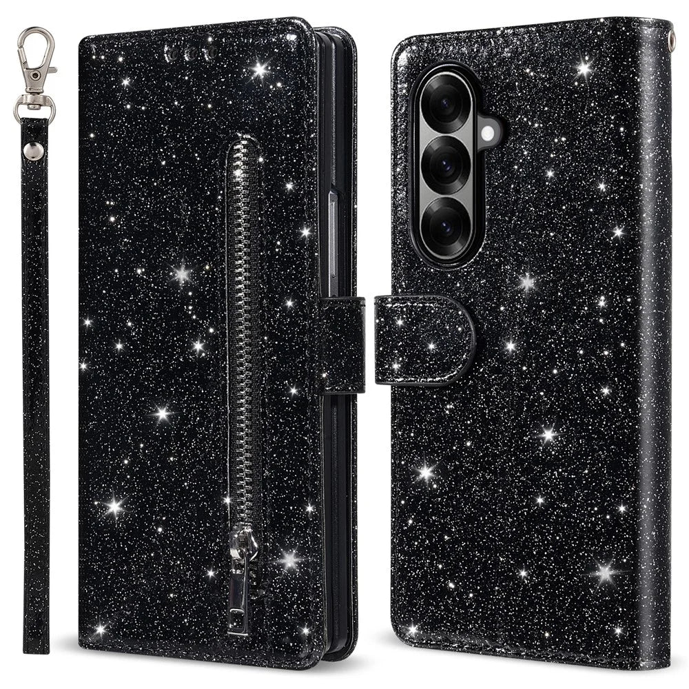 For Samsung Galaxy Z Fold8 Ultra PU + PC Stand Case Glitter Phone Leather Cover Zipper Pocket with Strap - Black - 1
