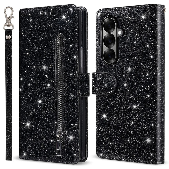 For Samsung Galaxy Z Fold8 Ultra PU + PC Stand Case Glitter Phone Leather Cover Zipper Pocket with Strap - Black - 1
