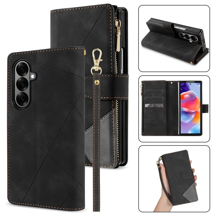 For Samsung Galaxy Z Fold8 Ultra PU + PC Case Color Splicing Leather Phone Cover with Strap - Black - 1
