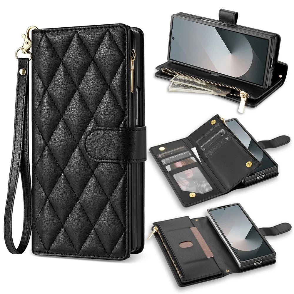 For Samsung Galaxy Z Fold8 Ultra Case Rhombus Stitching Leather Wallet Phone Cover with Long    /    Short Strap - Black - 1