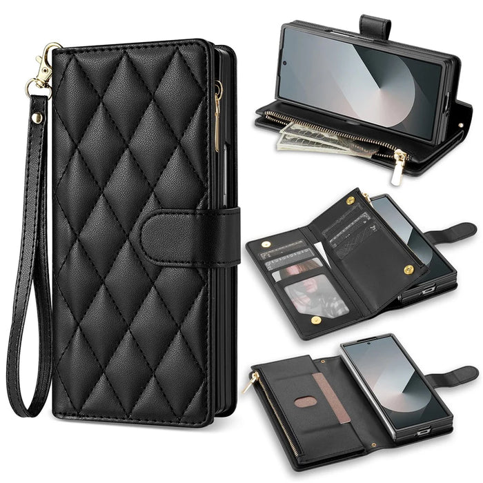 For Samsung Galaxy Z Fold8 Ultra Case Rhombus Stitching Leather Wallet Phone Cover with Long    /    Short Strap - Black - 1