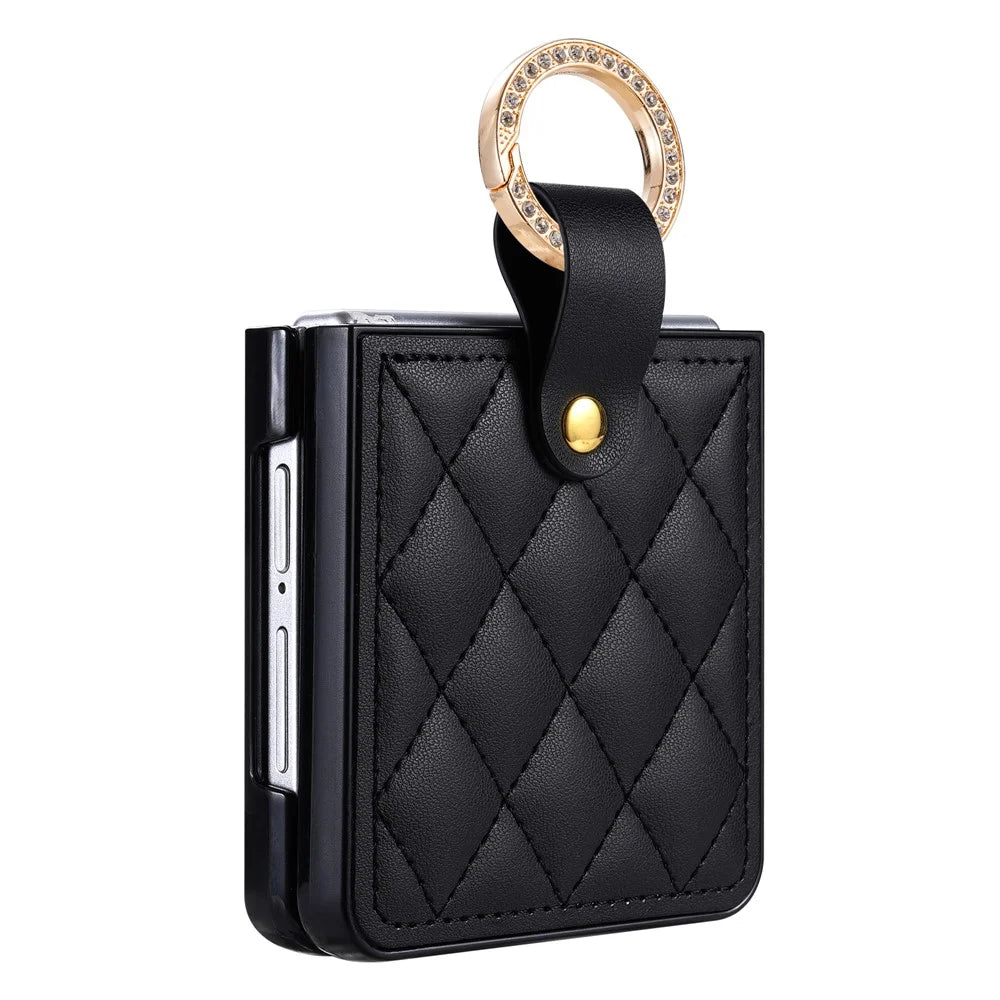 For Samsung Galaxy Z Flip8 Case Quilted Leather Phone Cover with Ring Holder - Black - 2