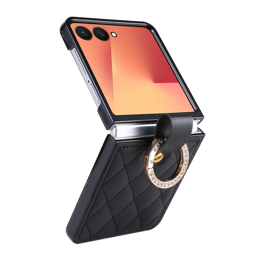 For Samsung Galaxy Z Flip8 Case Quilted Leather Phone Cover with Ring Holder - Black - 4