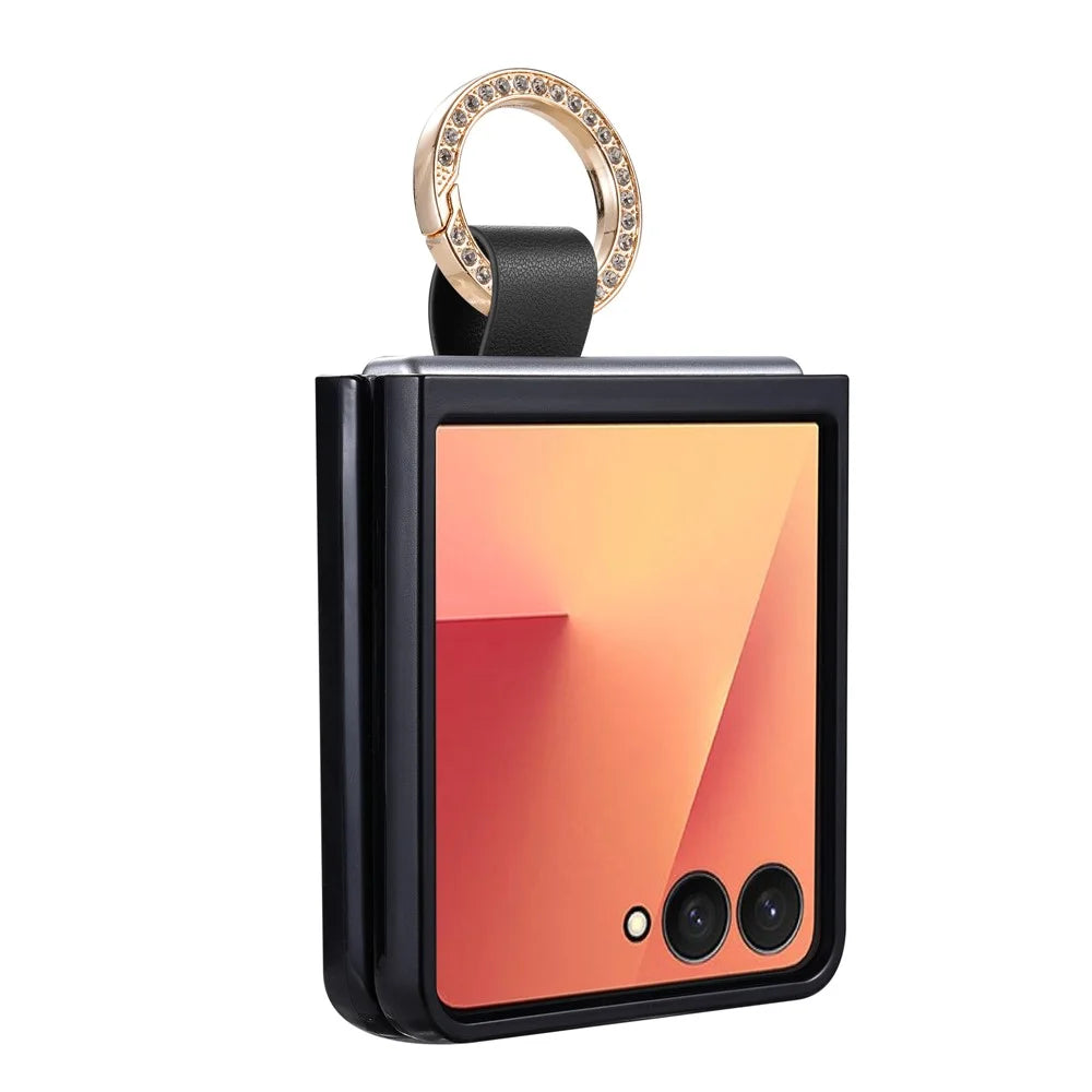 For Samsung Galaxy Z Flip8 Case Quilted Leather Phone Cover with Ring Holder - Black - 6