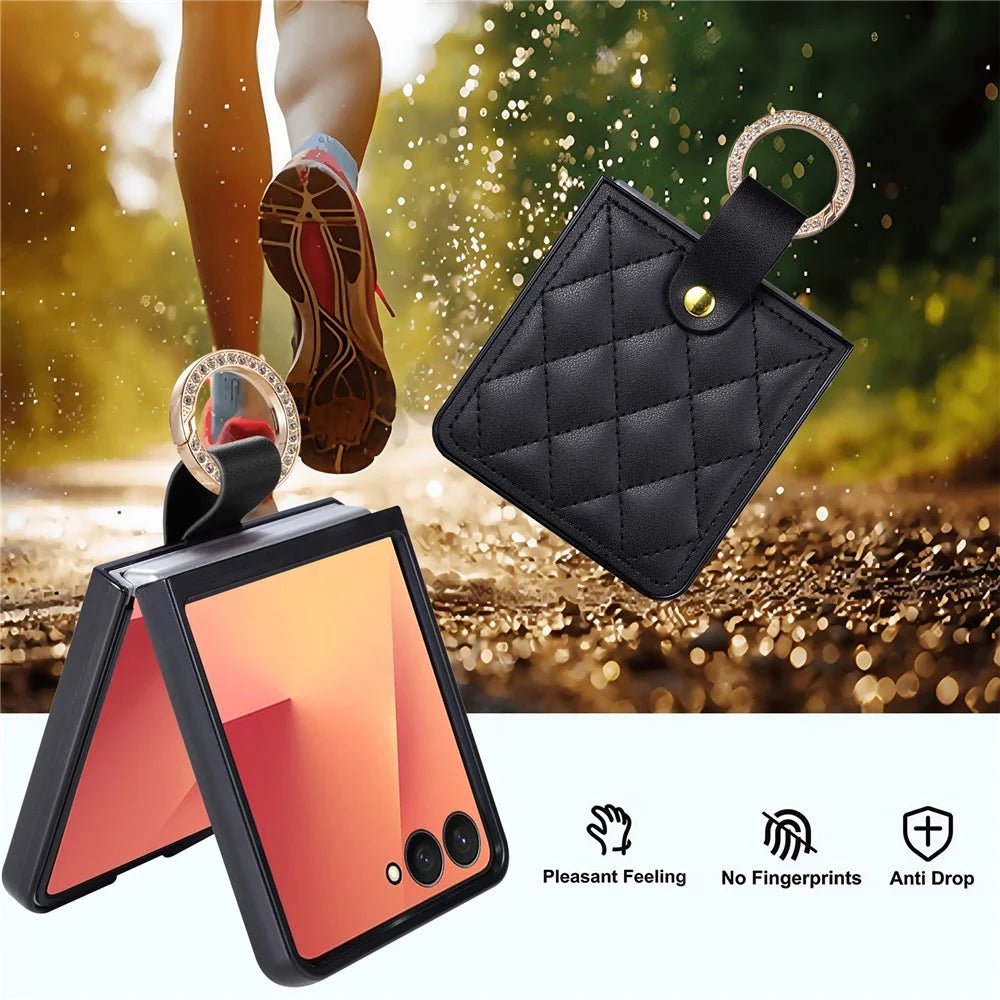 For Samsung Galaxy Z Flip8 Case Quilted Leather Phone Cover with Ring Holder - Black - 7