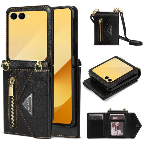 N.BEKUS For Samsung Galaxy Z Flip8 Case Zipper Card Holder PU + PC Phone Cover with Shoulder Strap - Black - 1
