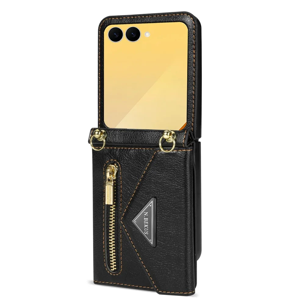 N.BEKUS For Samsung Galaxy Z Flip8 Case Zipper Card Holder PU + PC Phone Cover with Shoulder Strap - Black - 2