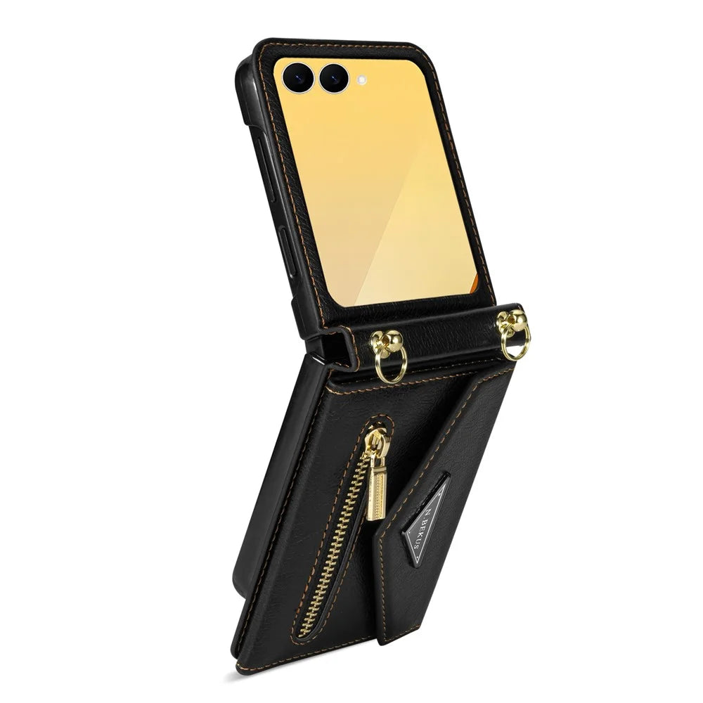 N.BEKUS For Samsung Galaxy Z Flip8 Case Zipper Card Holder PU + PC Phone Cover with Shoulder Strap - Black - 4
