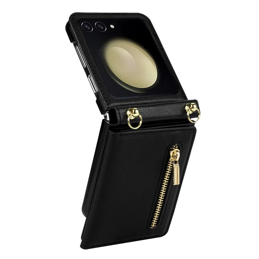 For Samsung Galaxy Z Flip8 Case Zipper Wallet PU + TPU + PC Phone Cover with Shoulder Strap - Black - 2