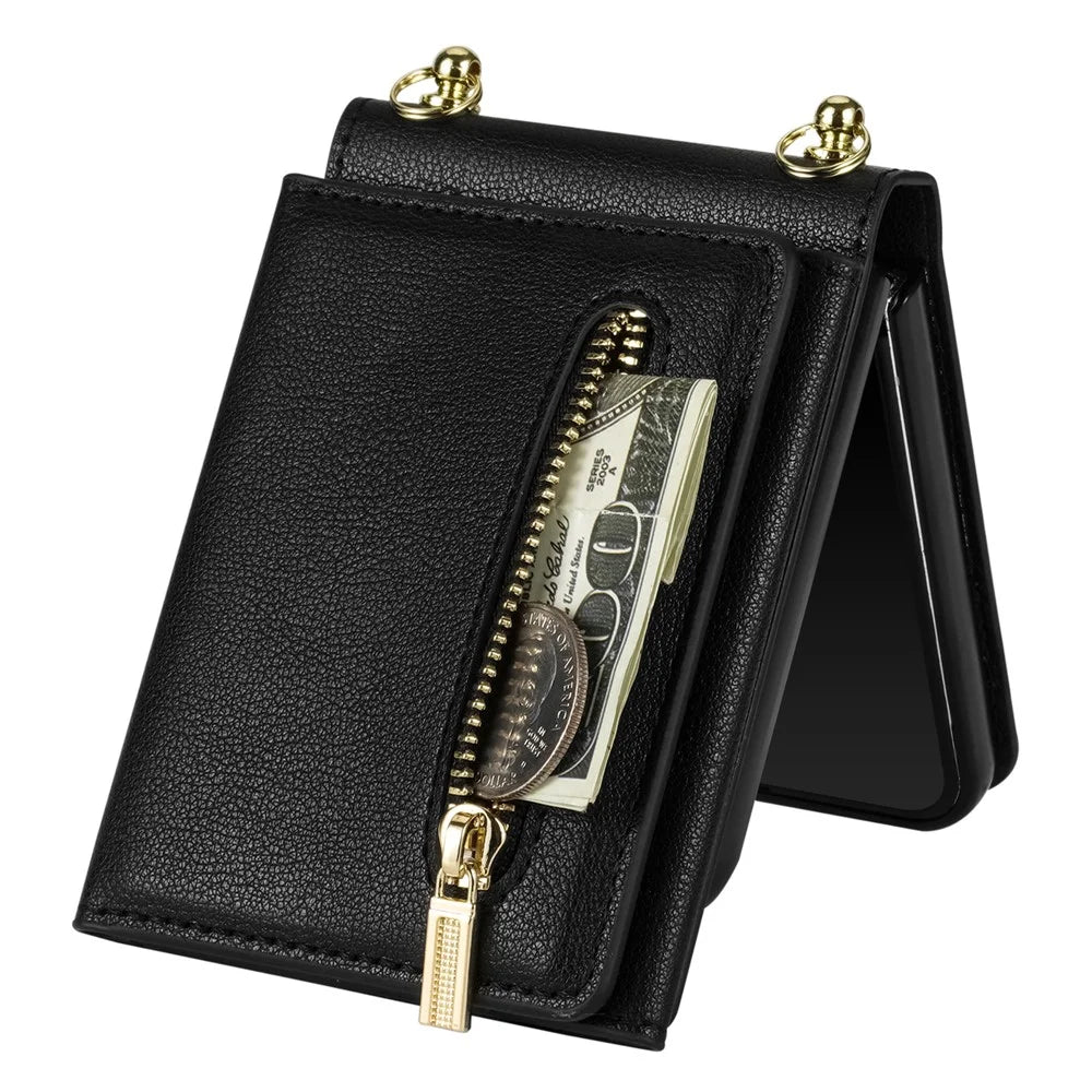 For Samsung Galaxy Z Flip8 Case Zipper Wallet PU + TPU + PC Phone Cover with Shoulder Strap - Black - 5