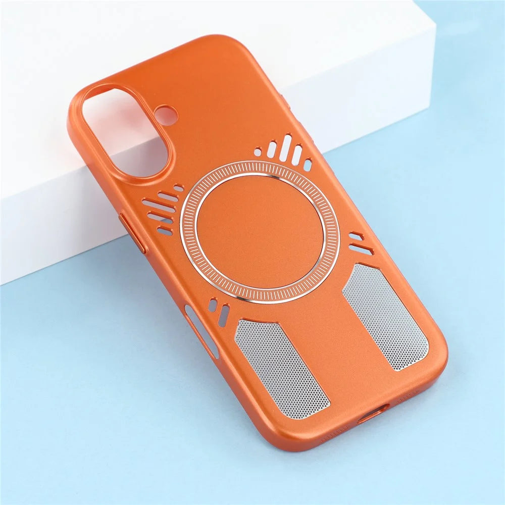 For iPhone 16 Magnetic Case Heat Dissipation Hard PC Scratch Resistant Phone Cover - Orange - 5