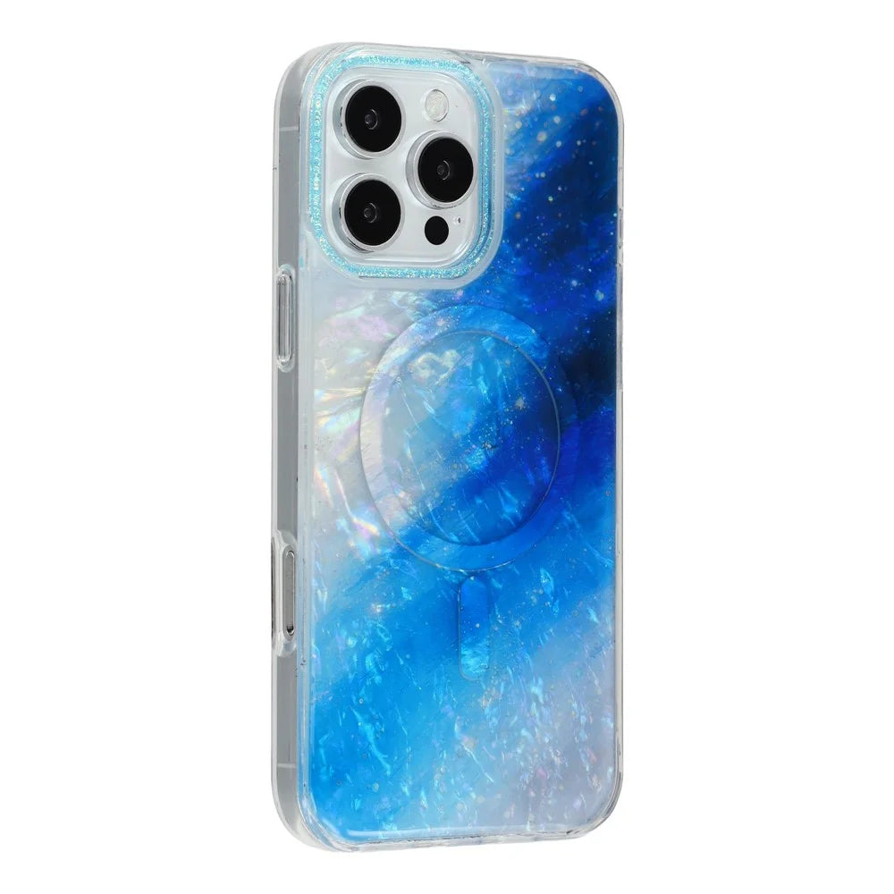 For iPhone 16 Pro Magnetic Case Shell Pattern Gradient PC+TPU Epoxy Phone Cover - Blue - 1
