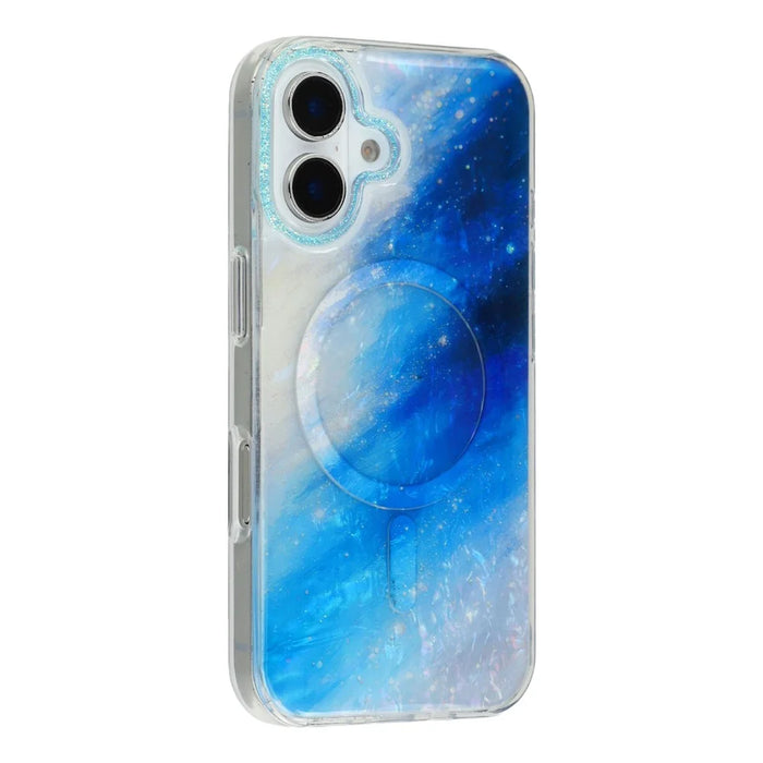 For iPhone 16 Magnetic Case Shell Pattern Gradient PC+TPU Epoxy Phone Cover - Blue - 1