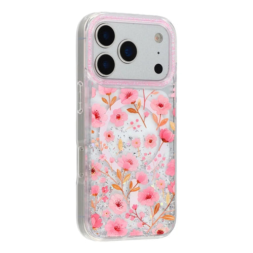 For iPhone 17 Pro Max Magnetic Case Glitter Epoxy PC + TPU Floral Aesthetic Phone Cover - Pink Peach Blossoms - 1