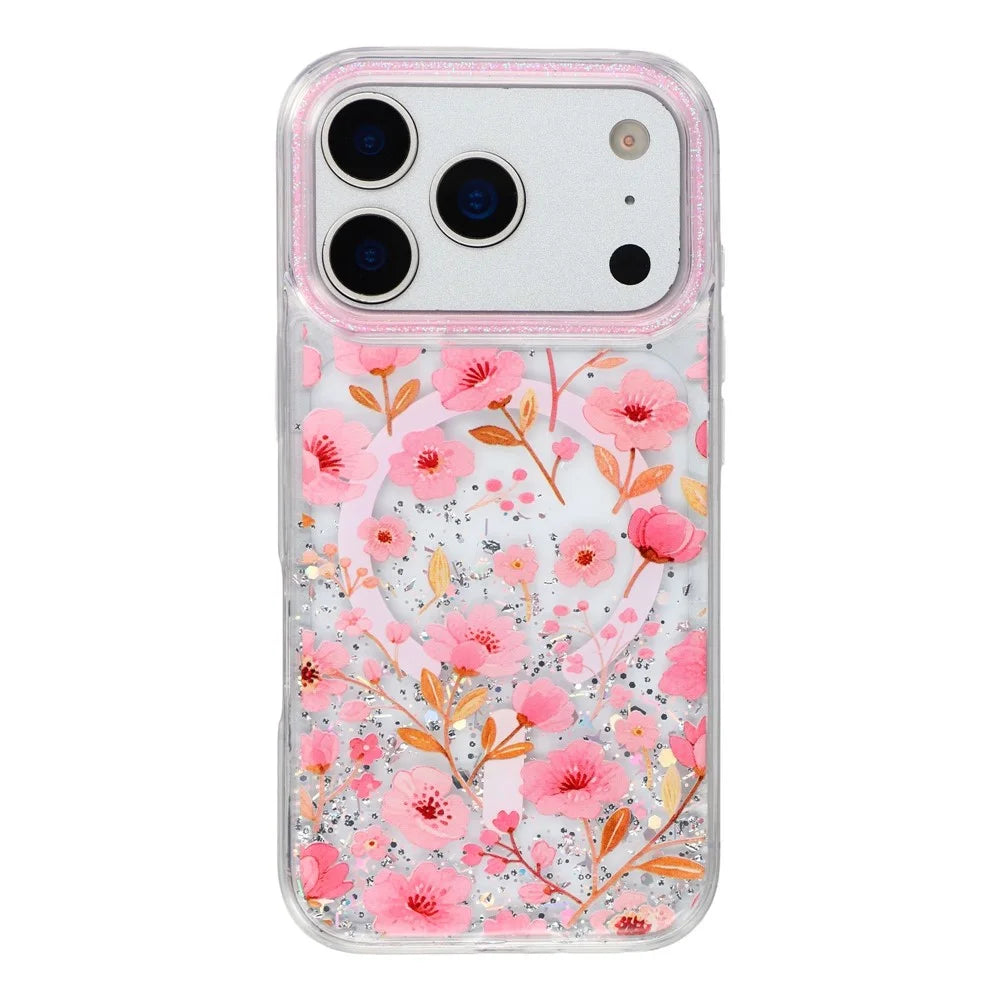 For iPhone 17 Pro Max Magnetic Case Glitter Epoxy PC + TPU Floral Aesthetic Phone Cover - Pink Peach Blossoms - 2