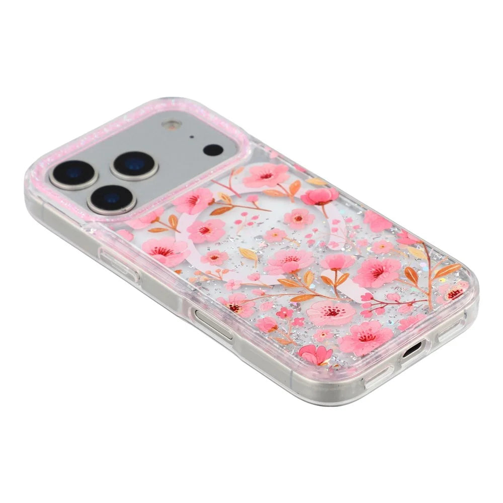 For iPhone 17 Pro Max Magnetic Case Glitter Epoxy PC + TPU Floral Aesthetic Phone Cover - Pink Peach Blossoms - 3