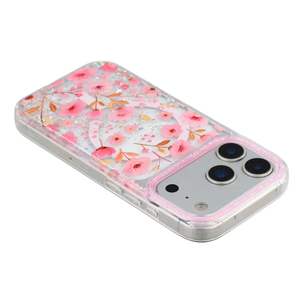 For iPhone 17 Pro Max Magnetic Case Glitter Epoxy PC + TPU Floral Aesthetic Phone Cover - Pink Peach Blossoms - 4