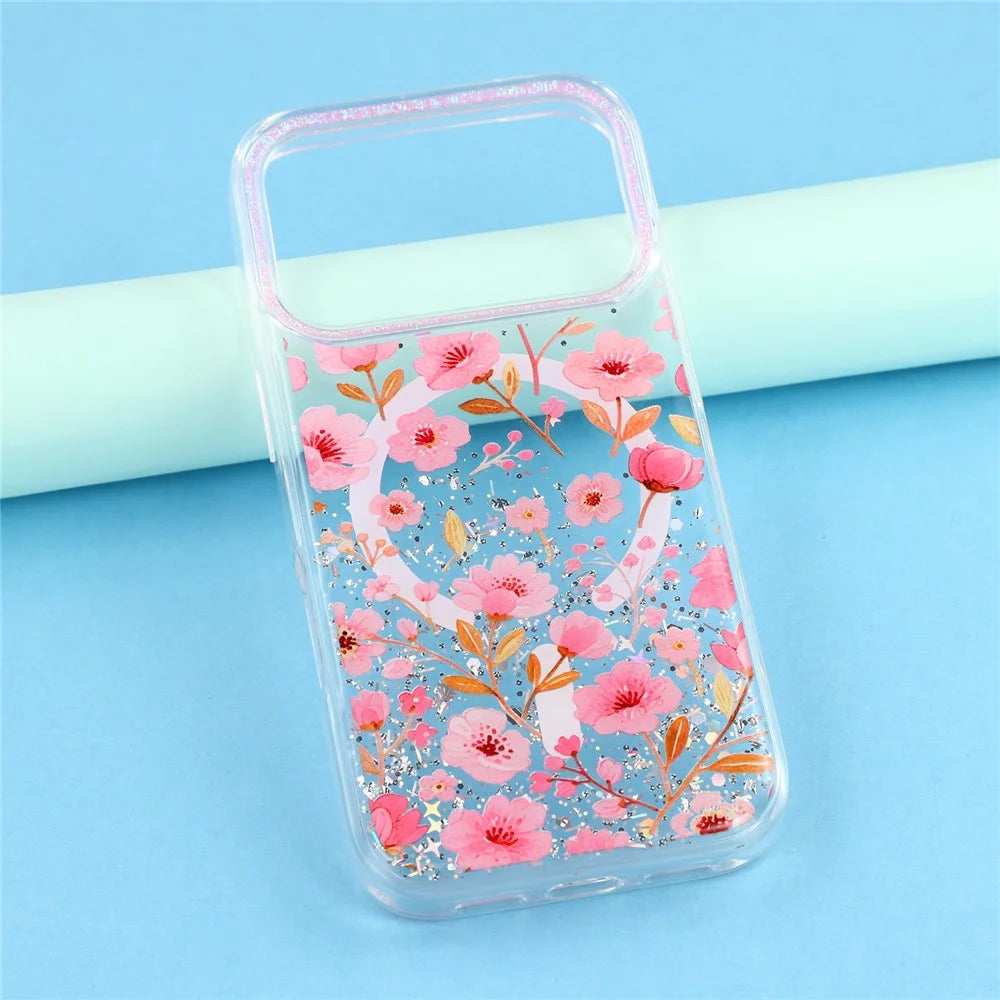 For iPhone 17 Pro Magnetic Case Glitter Epoxy PC + TPU Floral Aesthetic Phone Cover - Pink Peach Blossoms - 5