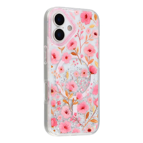 For iPhone 17 Magnetic Case Glitter Epoxy PC + TPU Floral Aesthetic Phone Cover - Pink Peach Blossoms - 1