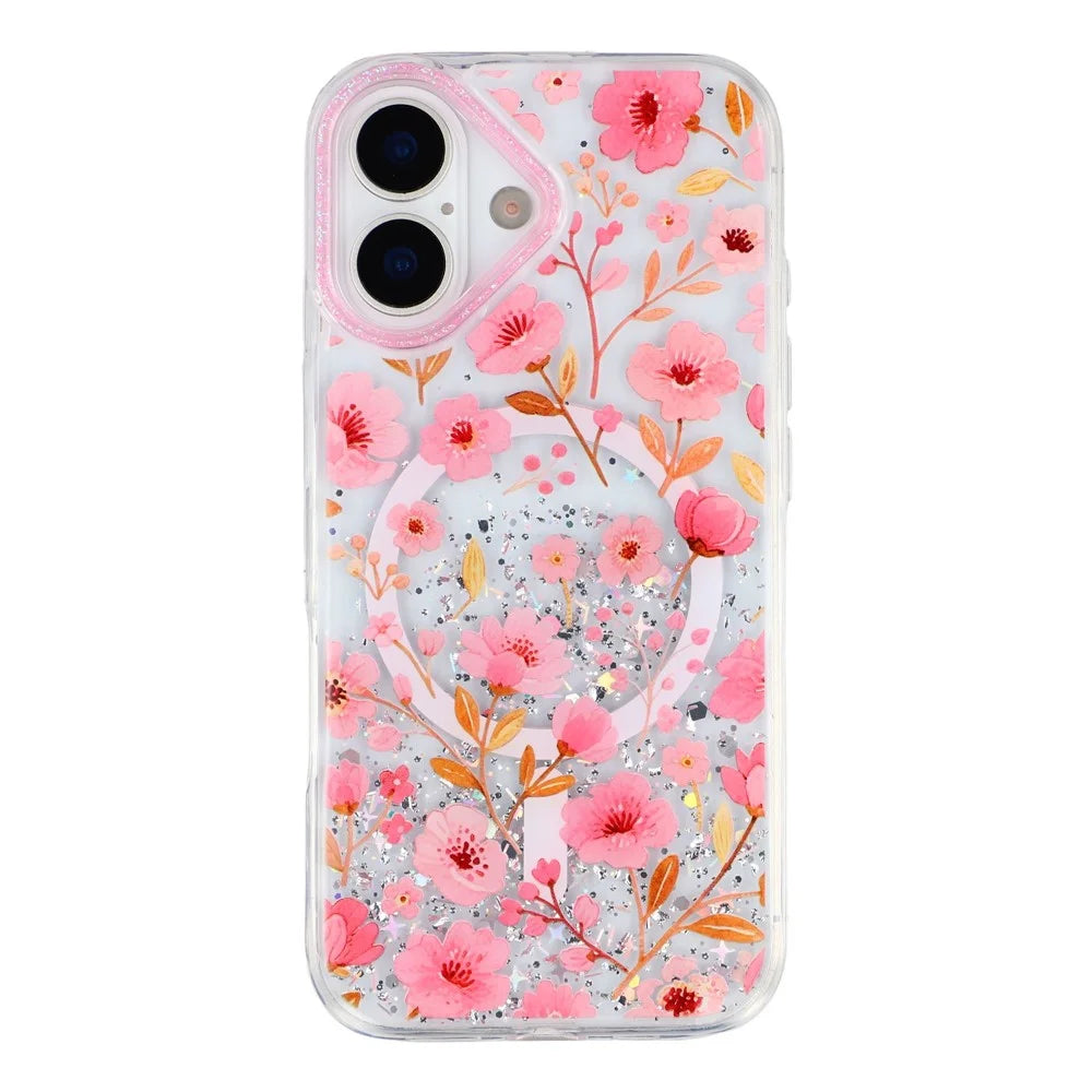 For iPhone 17 Magnetic Case Glitter Epoxy PC + TPU Floral Aesthetic Phone Cover - Pink Peach Blossoms - 2
