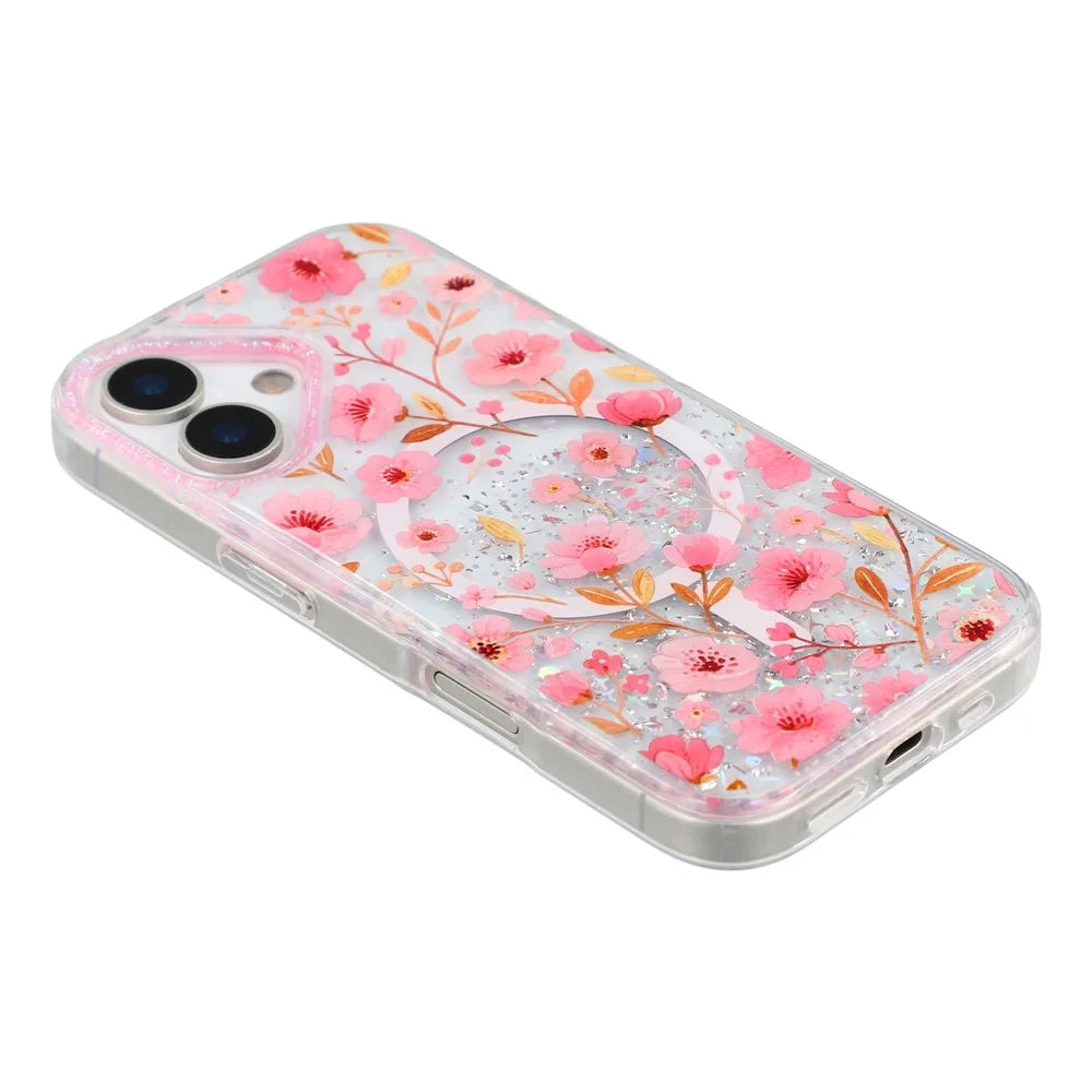 For iPhone 17 Magnetic Case Glitter Epoxy PC + TPU Floral Aesthetic Phone Cover - Pink Peach Blossoms - 3