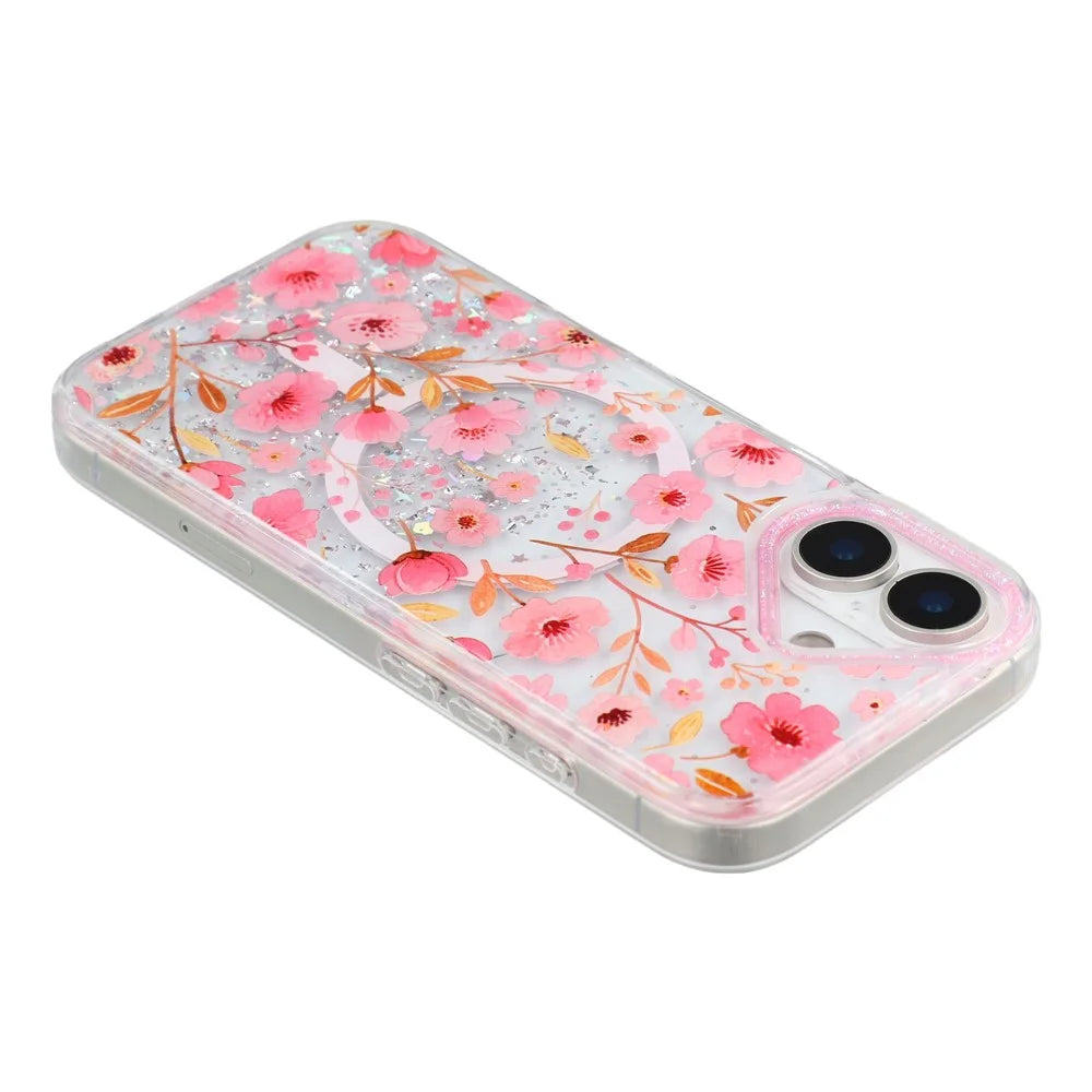 For iPhone 17 Magnetic Case Glitter Epoxy PC + TPU Floral Aesthetic Phone Cover - Pink Peach Blossoms - 4