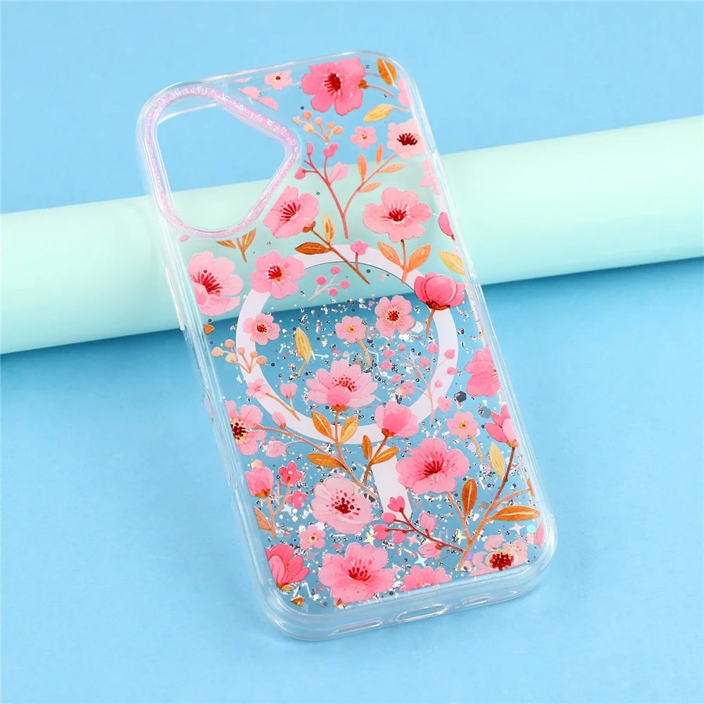 For iPhone 17 Magnetic Case Glitter Epoxy PC + TPU Floral Aesthetic Phone Cover - Pink Peach Blossoms - 5
