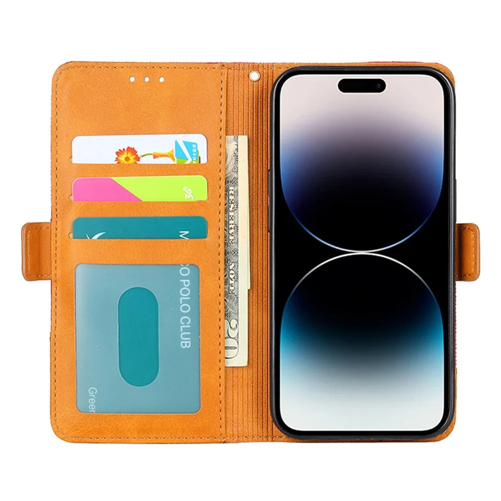 For iPhone 14 Pro Splicing Design Canvas+PU Leather+TPU Phone Case Magnetic Clasp Phone Stand Wallet Cover - Blue - 2