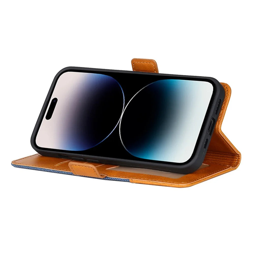 For iPhone 14 Pro Splicing Design Canvas+PU Leather+TPU Phone Case Magnetic Clasp Phone Stand Wallet Cover - Blue - 3