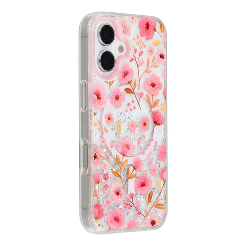 For iPhone 16 Magnetic Case Glitter Epoxy PC + TPU Floral Aesthetic Phone Cover - Pink Peach Blossoms - 1
