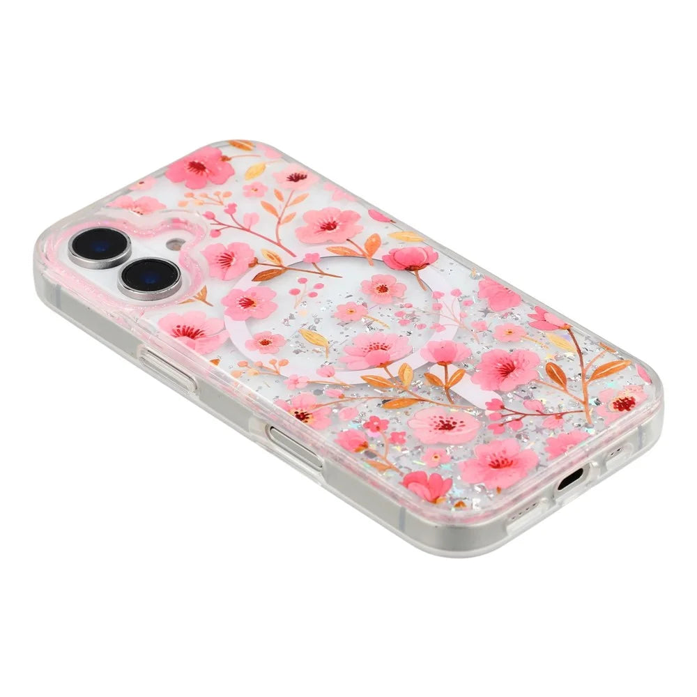 For iPhone 16 Magnetic Case Glitter Epoxy PC + TPU Floral Aesthetic Phone Cover - Pink Peach Blossoms - 3