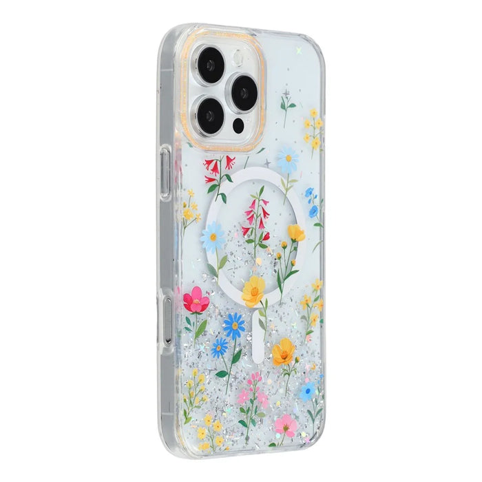 For iPhone 16 Pro Max Magnetic Case Glitter Epoxy PC + TPU Floral Aesthetic Phone Cover - Daisies - 1