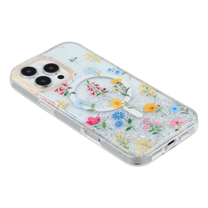 For iPhone 16 Pro Max Magnetic Case Glitter Epoxy PC + TPU Floral Aesthetic Phone Cover - Daisies - 3