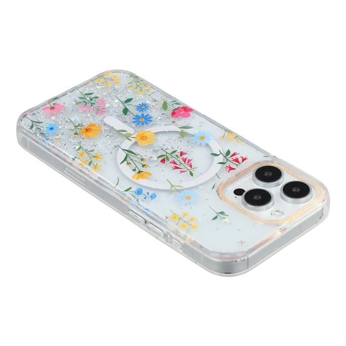 For iPhone 16 Pro Max Magnetic Case Glitter Epoxy PC + TPU Floral Aesthetic Phone Cover - Daisies - 4