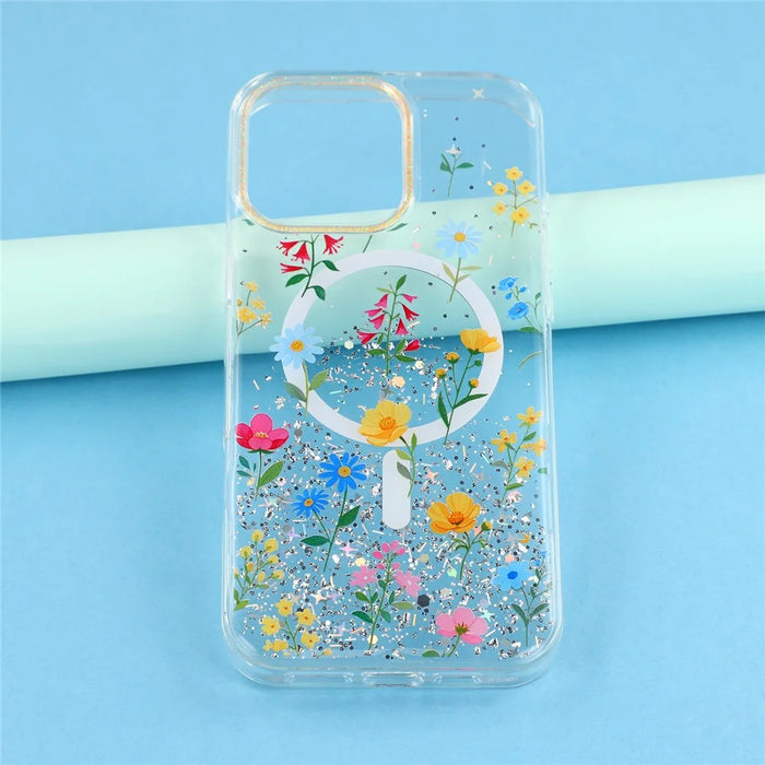 For iPhone 16 Pro Max Magnetic Case Glitter Epoxy PC + TPU Floral Aesthetic Phone Cover - Daisies - 5