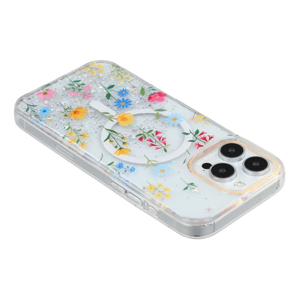 For iPhone 16 Pro Magnetic Case Glitter Epoxy PC + TPU Floral Aesthetic Phone Cover - Daisies - 4