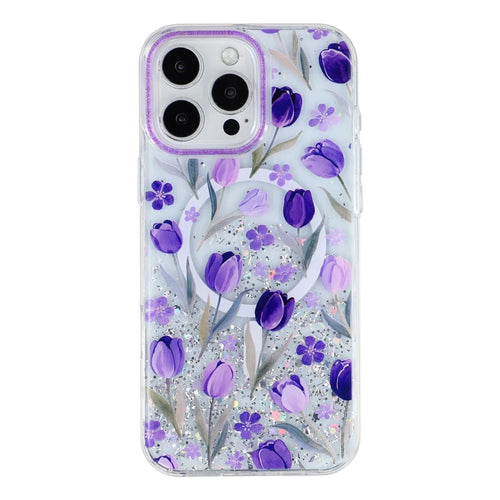 For iPhone 15 Pro Max Magnetic Case Glitter Epoxy PC + TPU Floral Aesthetic Phone Cover - Purple Tulips - 1