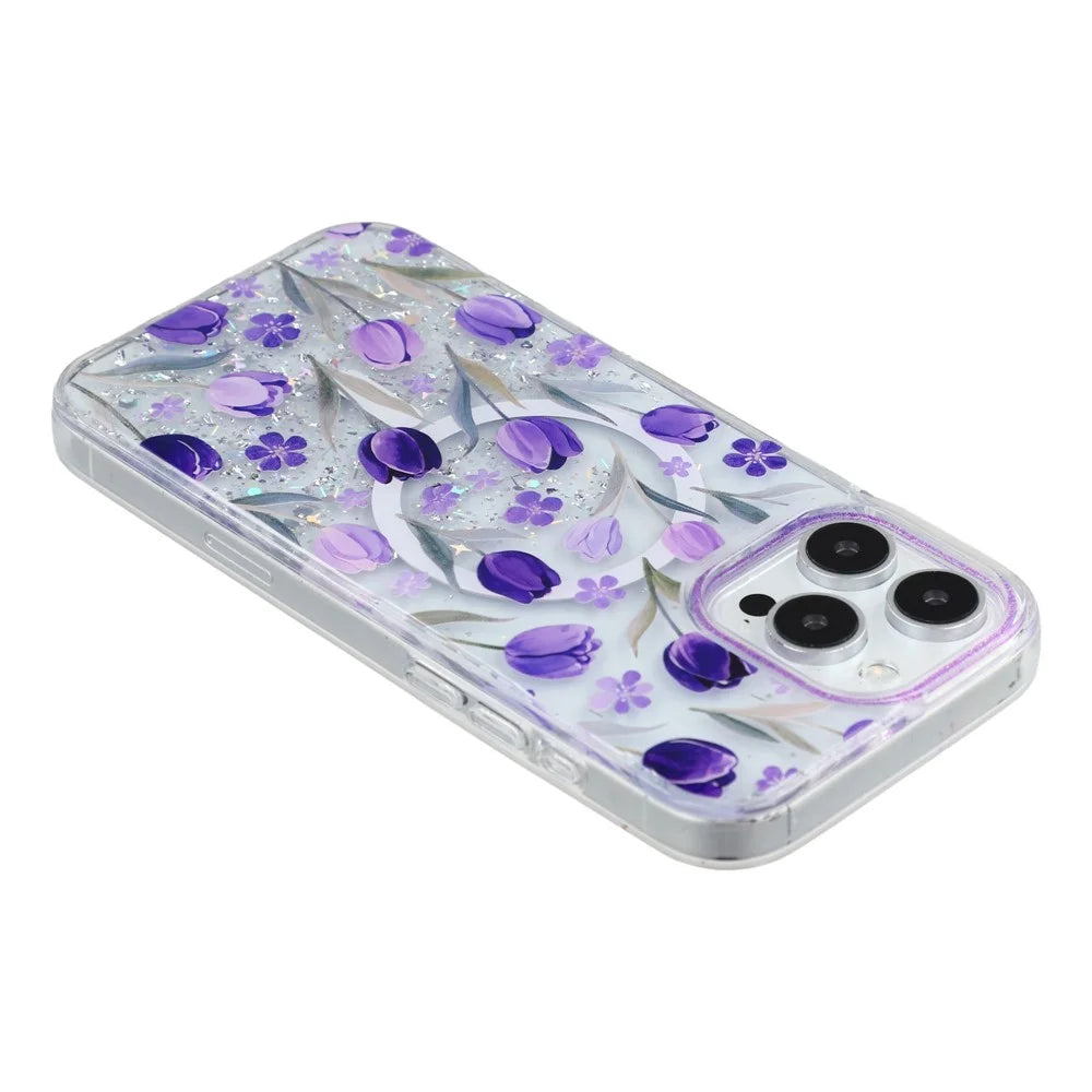 For iPhone 15 Pro Max Magnetic Case Glitter Epoxy PC + TPU Floral Aesthetic Phone Cover - Purple Tulips - 3