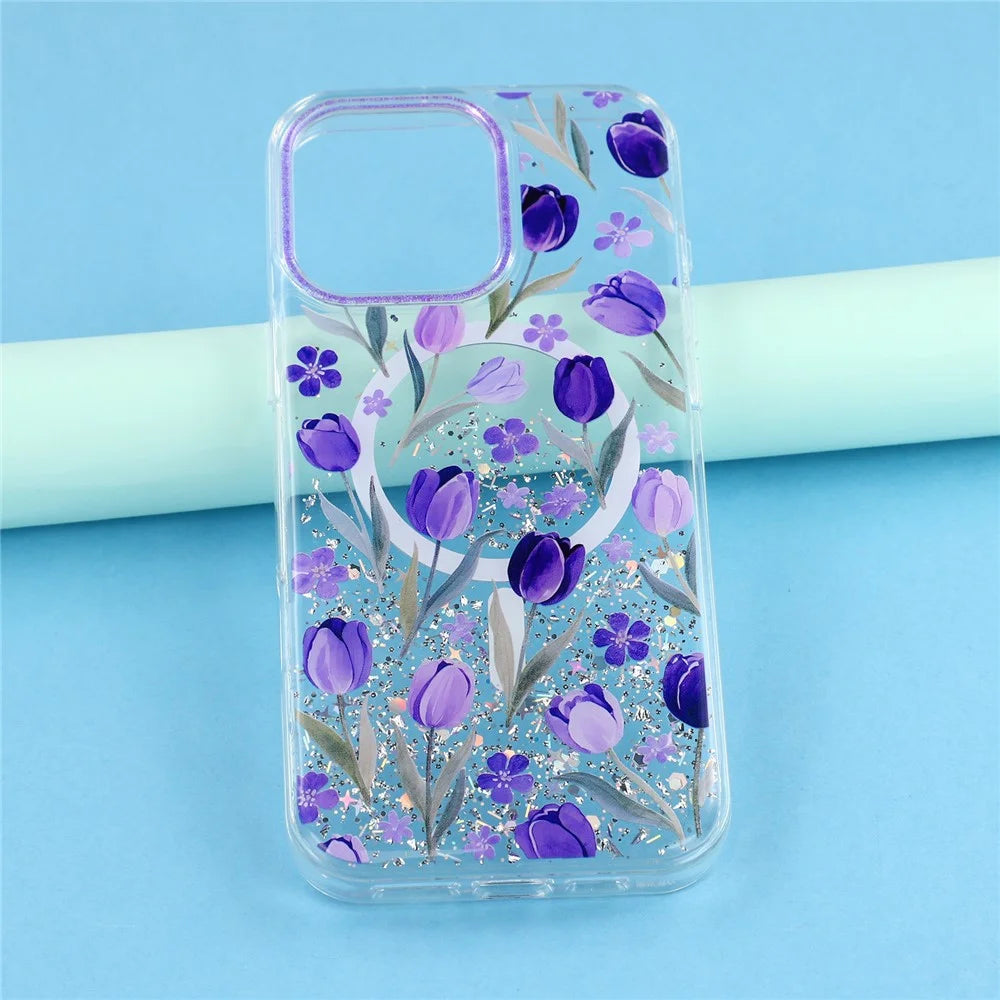 For iPhone 15 Pro Max Magnetic Case Glitter Epoxy PC + TPU Floral Aesthetic Phone Cover - Purple Tulips - 5
