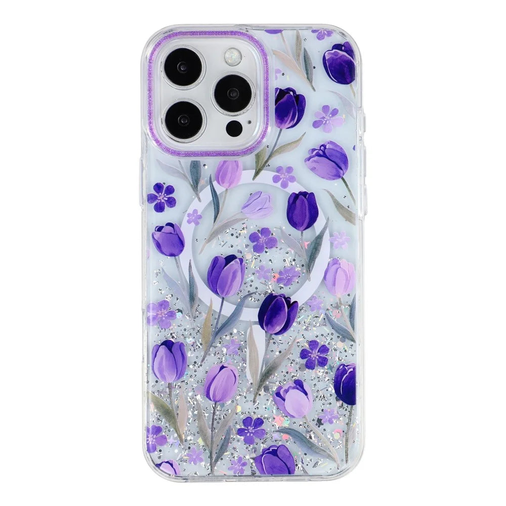 For iPhone 15 Pro Magnetic Case Glitter Epoxy PC + TPU Floral Aesthetic Phone Cover - Purple Tulips - 1