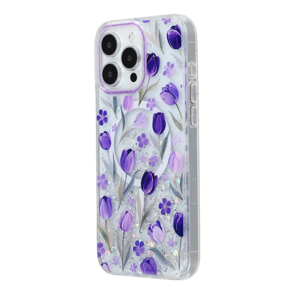 For iPhone 15 Pro Magnetic Case Glitter Epoxy PC + TPU Floral Aesthetic Phone Cover - Purple Tulips - 2