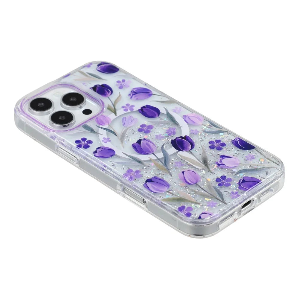 For iPhone 15 Pro Magnetic Case Glitter Epoxy PC + TPU Floral Aesthetic Phone Cover - Purple Tulips - 4