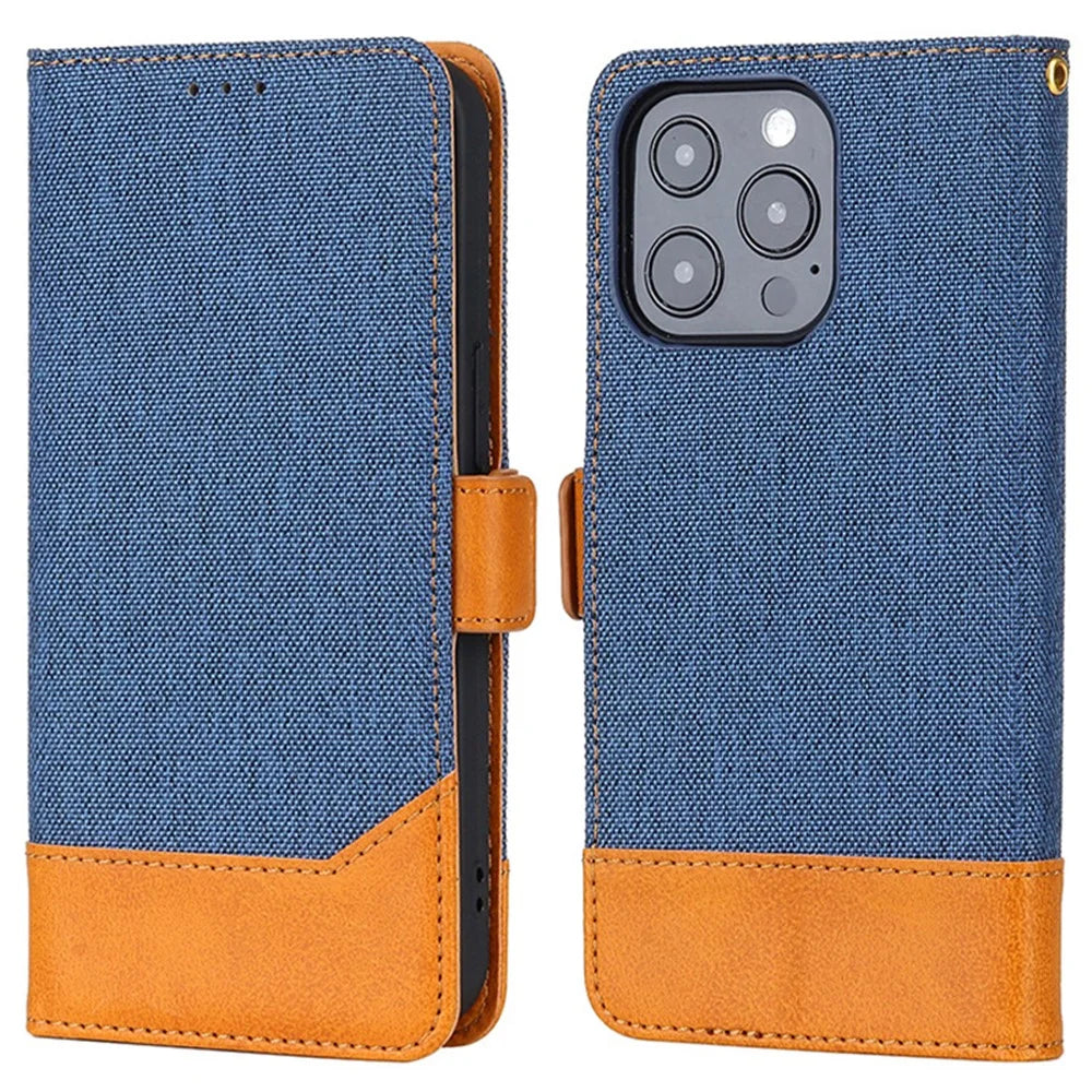 Bi-color Design Phone Stand Case Bag for iPhone 14 Pro Max, Anti-scratch Canvas+PU Leather+TPU Magnetic Clasp Wallet Cover - Blue - 1