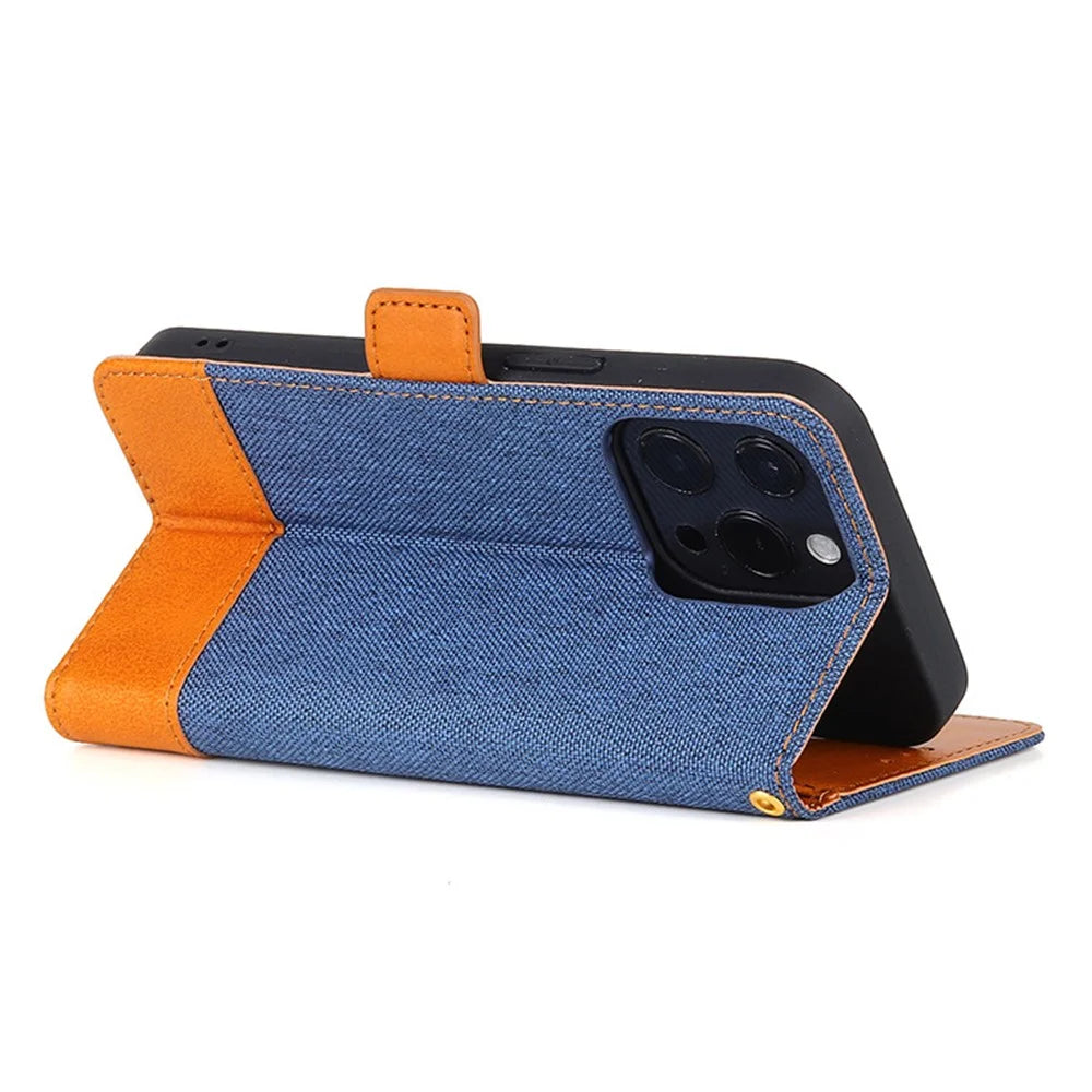 Bi-color Design Phone Stand Case Bag for iPhone 14 Pro Max, Anti-scratch Canvas+PU Leather+TPU Magnetic Clasp Wallet Cover - Blue - 4