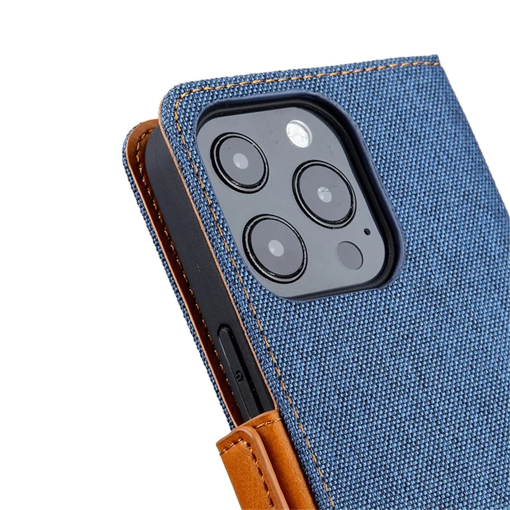Bi-color Design Phone Stand Case Bag for iPhone 14 Pro Max, Anti-scratch Canvas+PU Leather+TPU Magnetic Clasp Wallet Cover - Blue - 5